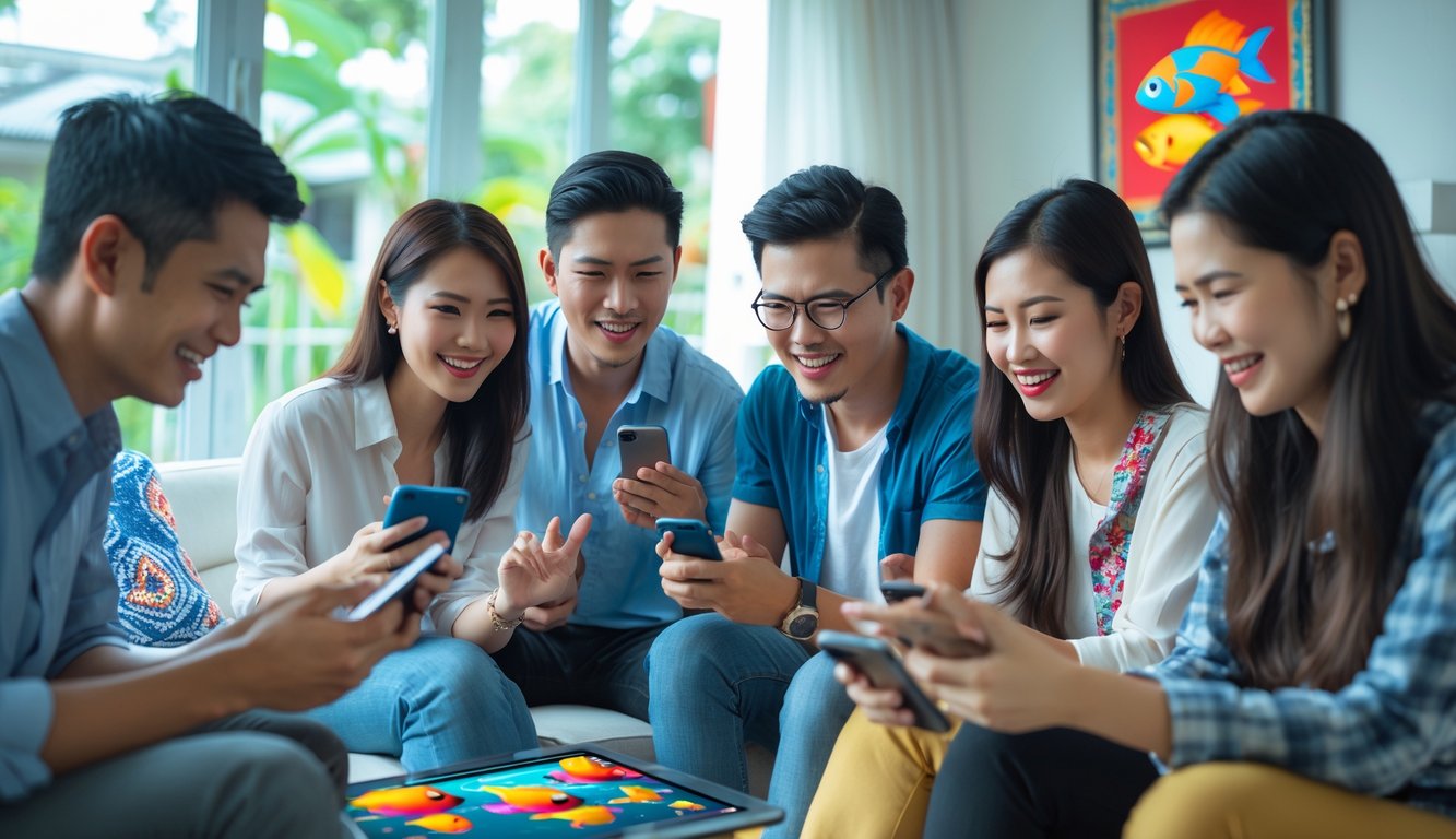 Sekelompok orang muda di ruang tamu yang cerah sedang bermain game tembak ikan secara online menggunakan ponsel dan tablet.