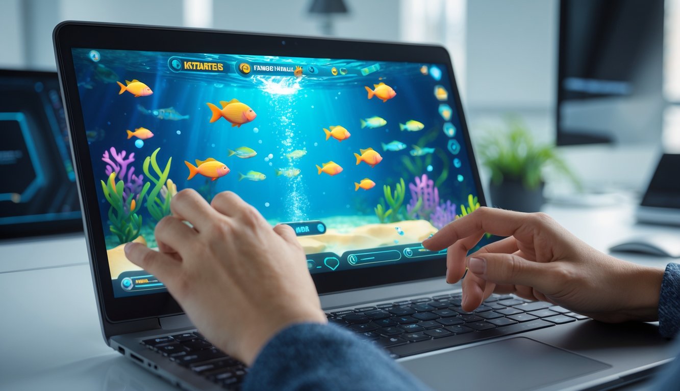 Seseorang sedang bermain game menembak ikan online di komputer dengan latar belakang ruang kerja yang rapi dan terang.