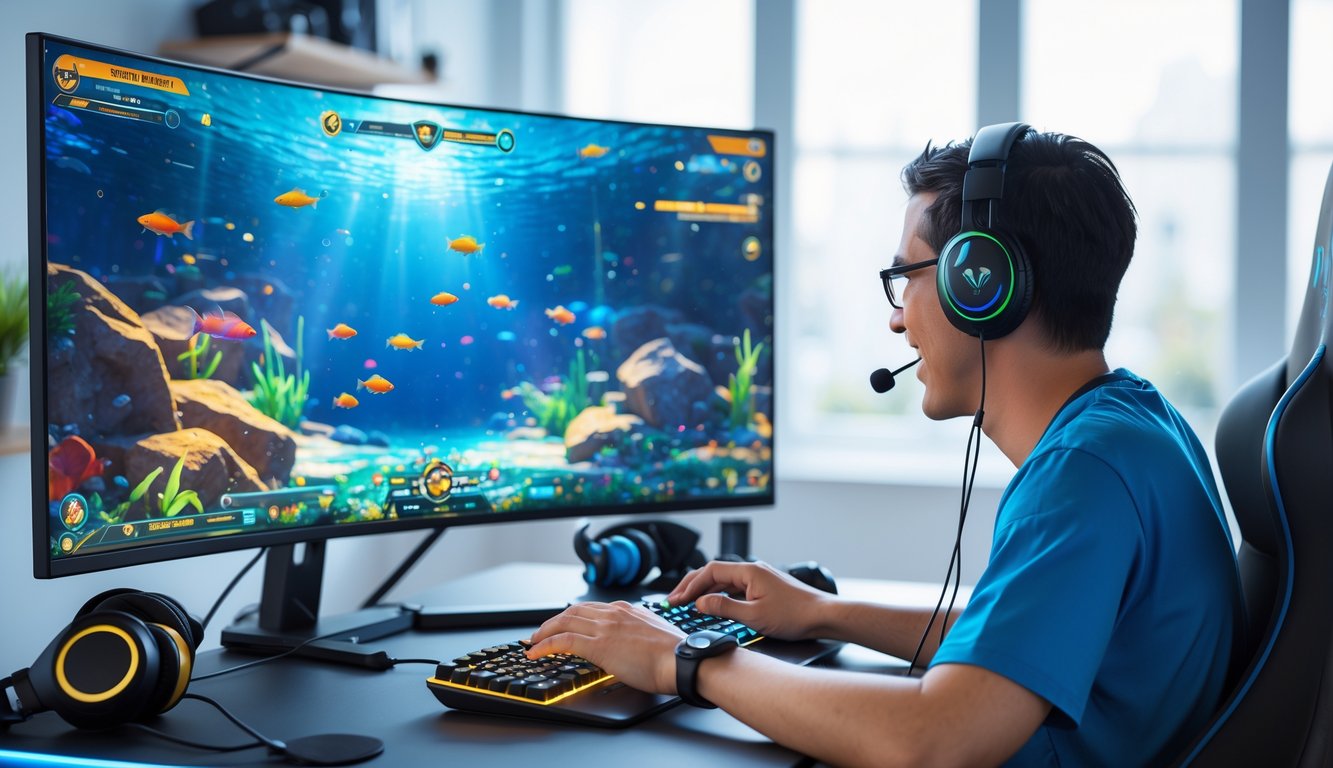 Seorang pemain dewasa sedang bermain permainan menembak ikan online di komputer dengan latar belakang ikan berwarna-warni di layar.