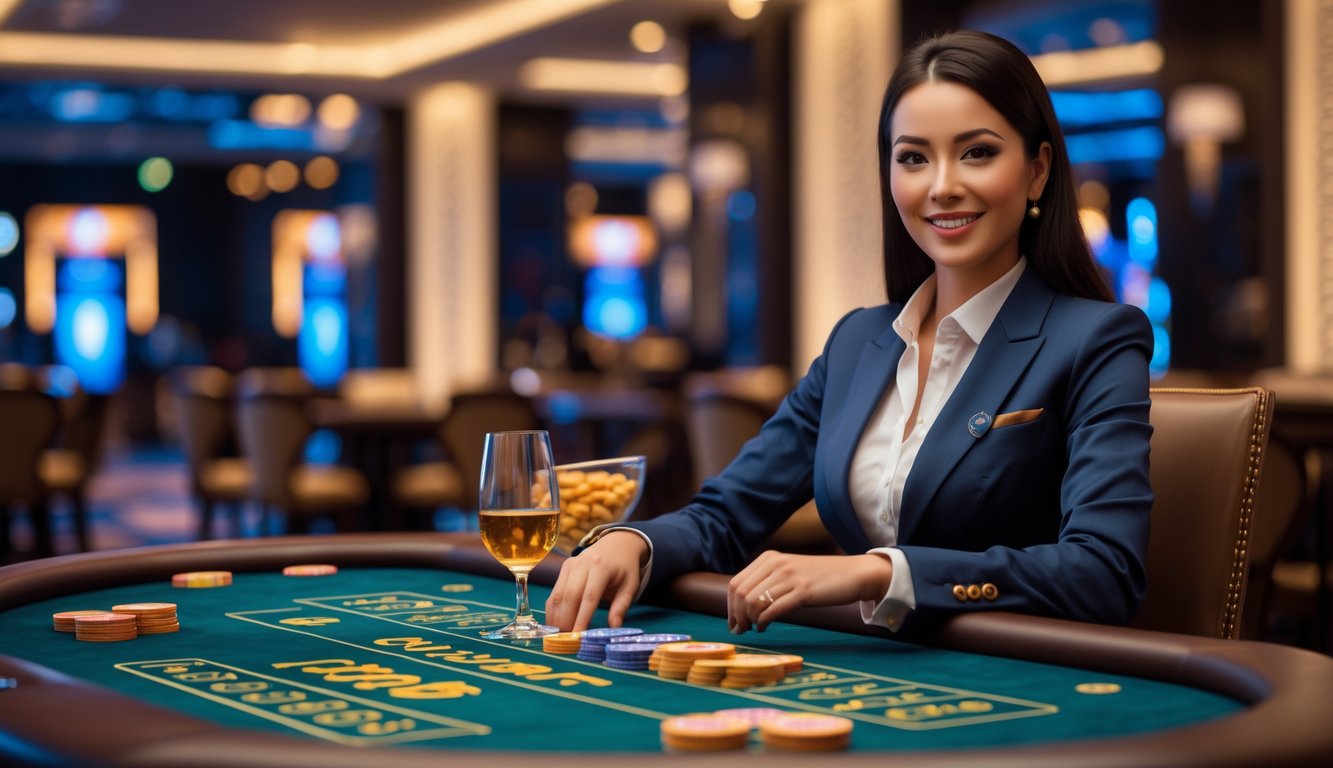 Seorang dealer wanita profesional duduk di meja baccarat dengan kartu dan chip di kasino yang elegan.