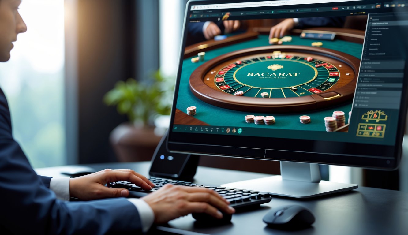 Seseorang bermain baccarat online di depan komputer dengan layar menampilkan permainan baccarat secara langsung.