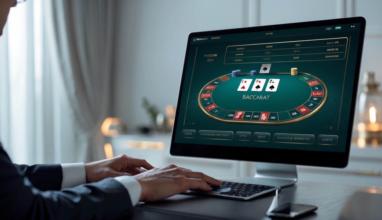 Seseorang sedang bermain baccarat online di komputer dengan suasana ruangan yang tenang dan profesional.