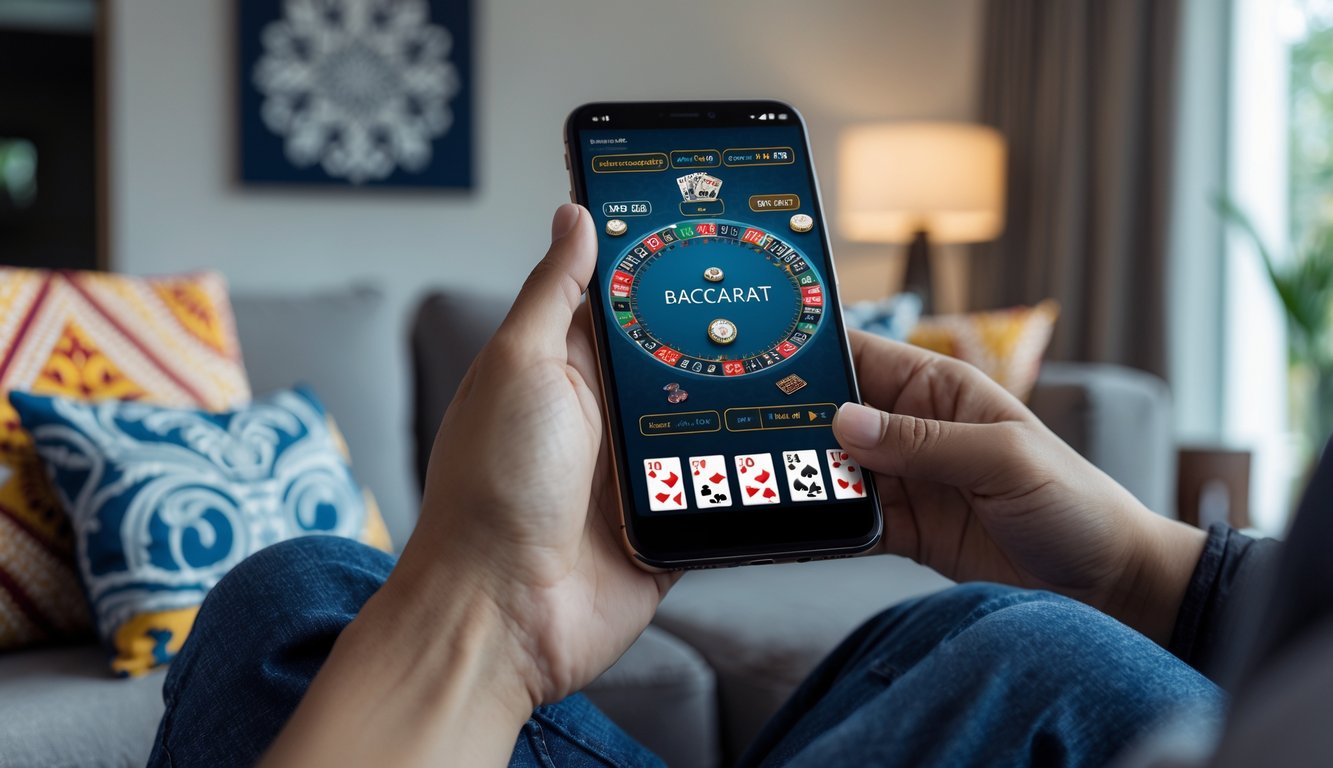 Seseorang menggunakan ponsel untuk bermain baccarat online di ruang tamu yang nyaman dengan elemen budaya Indonesia di latar belakang.