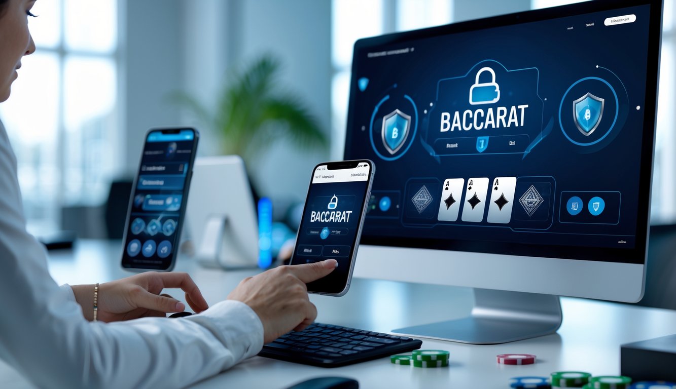 Seseorang menggunakan komputer dan ponsel untuk bermain baccarat online dengan tampilan antarmuka modern dan simbol keamanan digital di latar belakang.