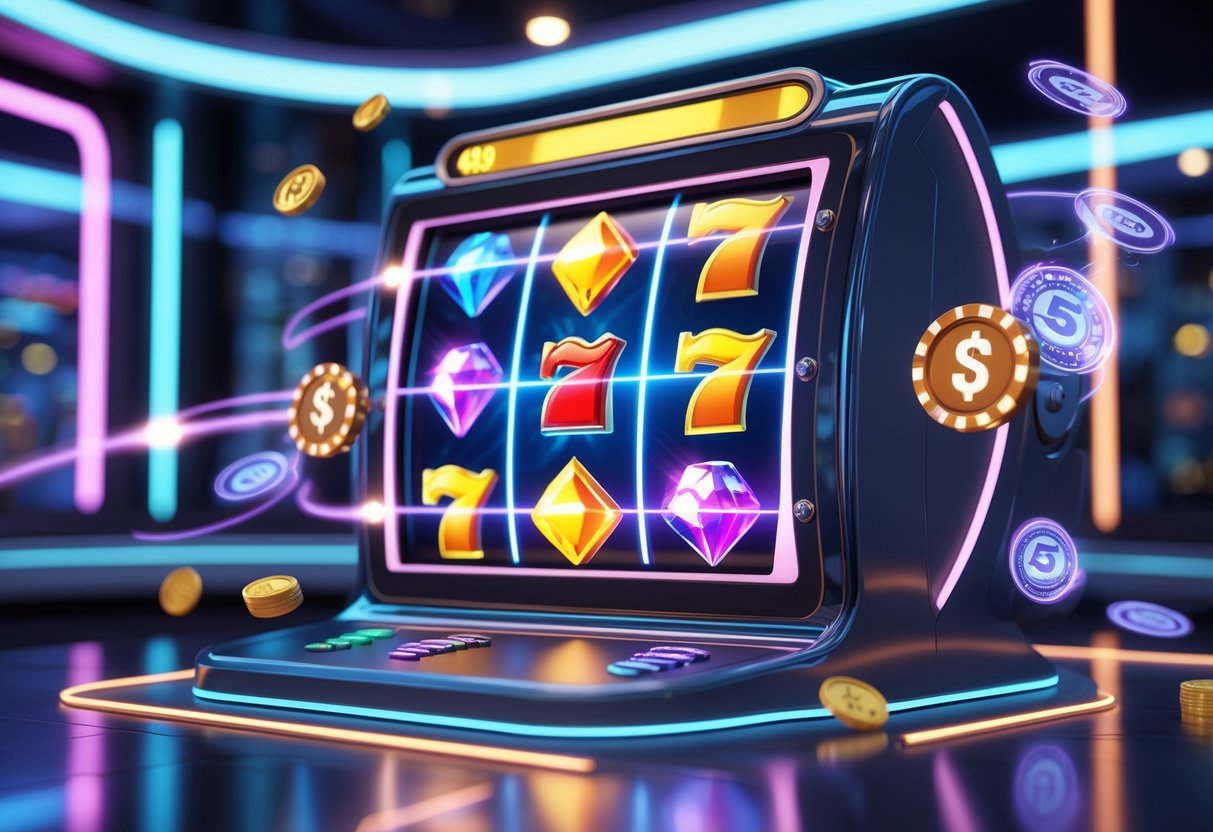 Tampilan mesin slot digital dengan simbol warna-warni dan koin mengambang di lingkungan kasino modern.