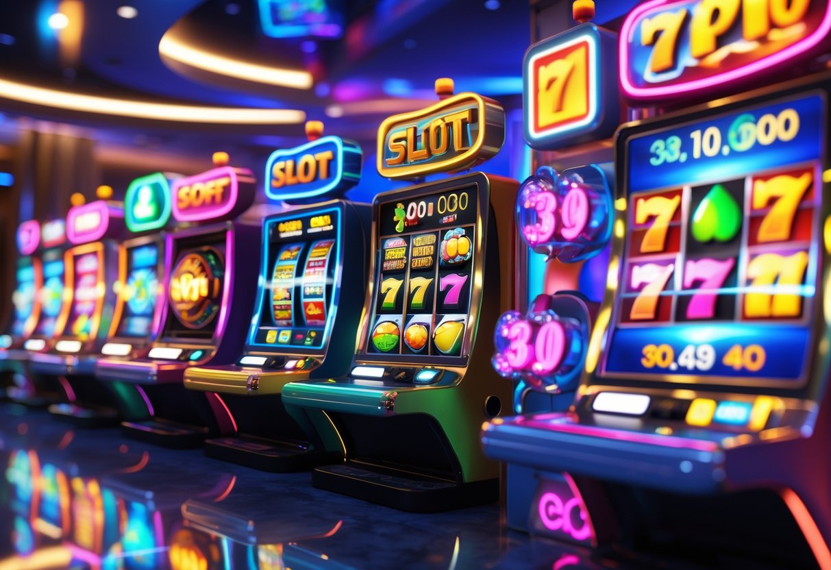 Suasana kasino digital dengan beberapa mesin slot berwarna-warni yang sedang berputar, menampilkan berbagai simbol keberuntungan dan lampu yang menyala.