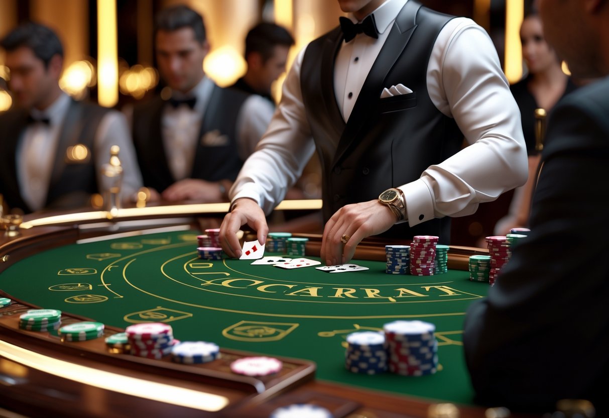 Suasana permainan baccarat di meja kasino mewah dengan pemain berpakaian formal dan dealer yang sedang membagikan kartu.