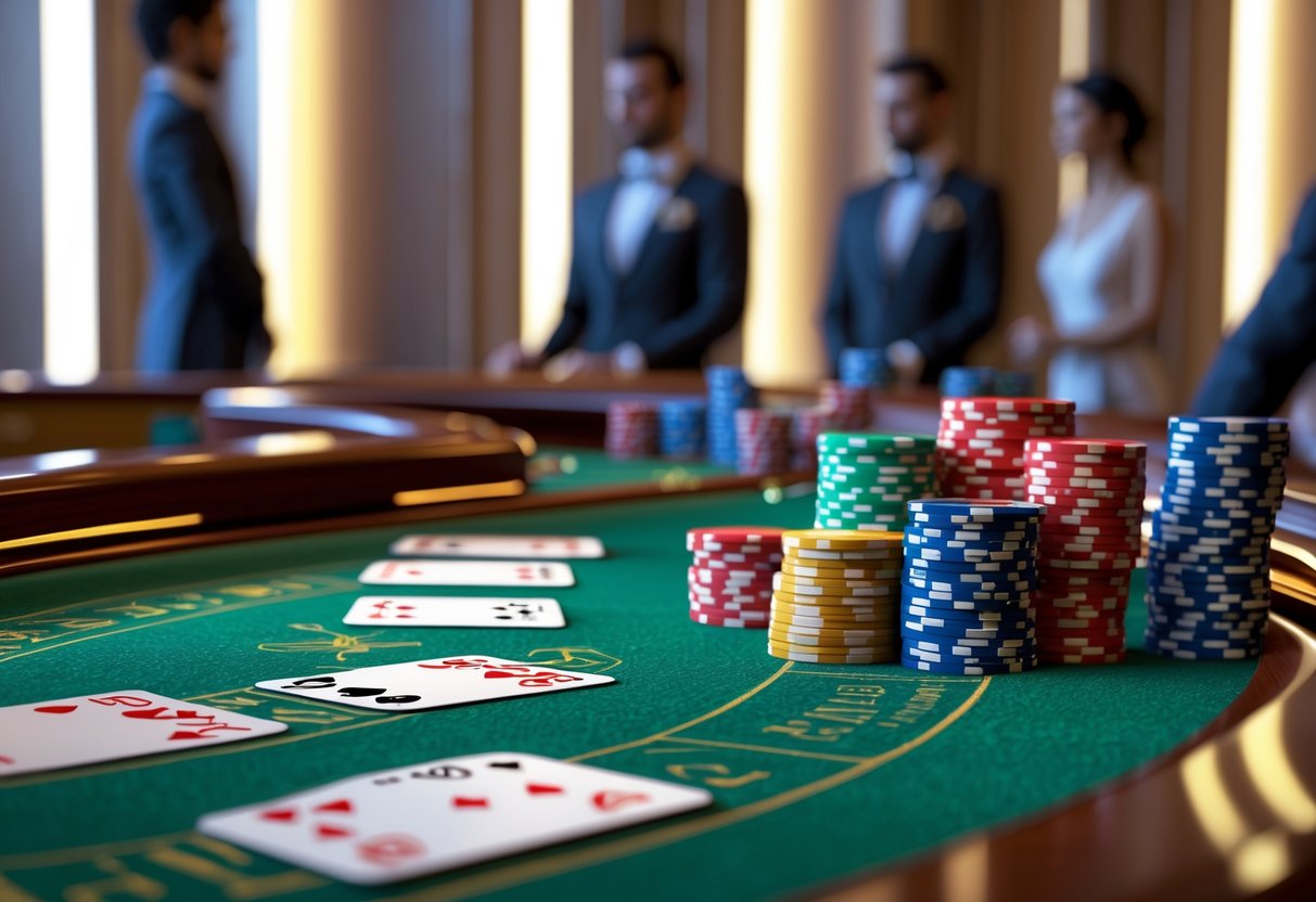 Meja permainan baccarat yang mewah dengan kartu dan chip poker tertata rapi, dikelilingi oleh pemain yang serius memperhatikan permainan.