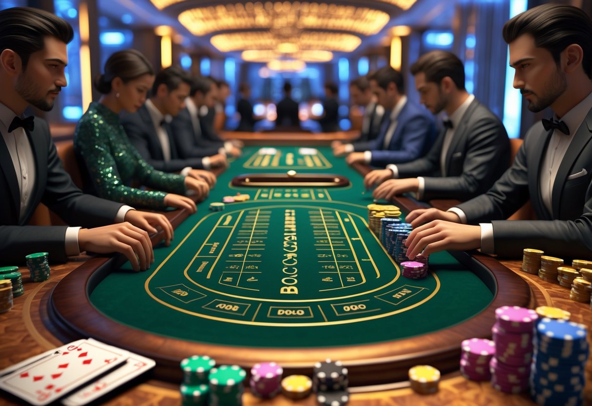 Meja baccarat mewah dengan kartu dan chip, dikelilingi oleh pemain yang fokus di dalam kasino.