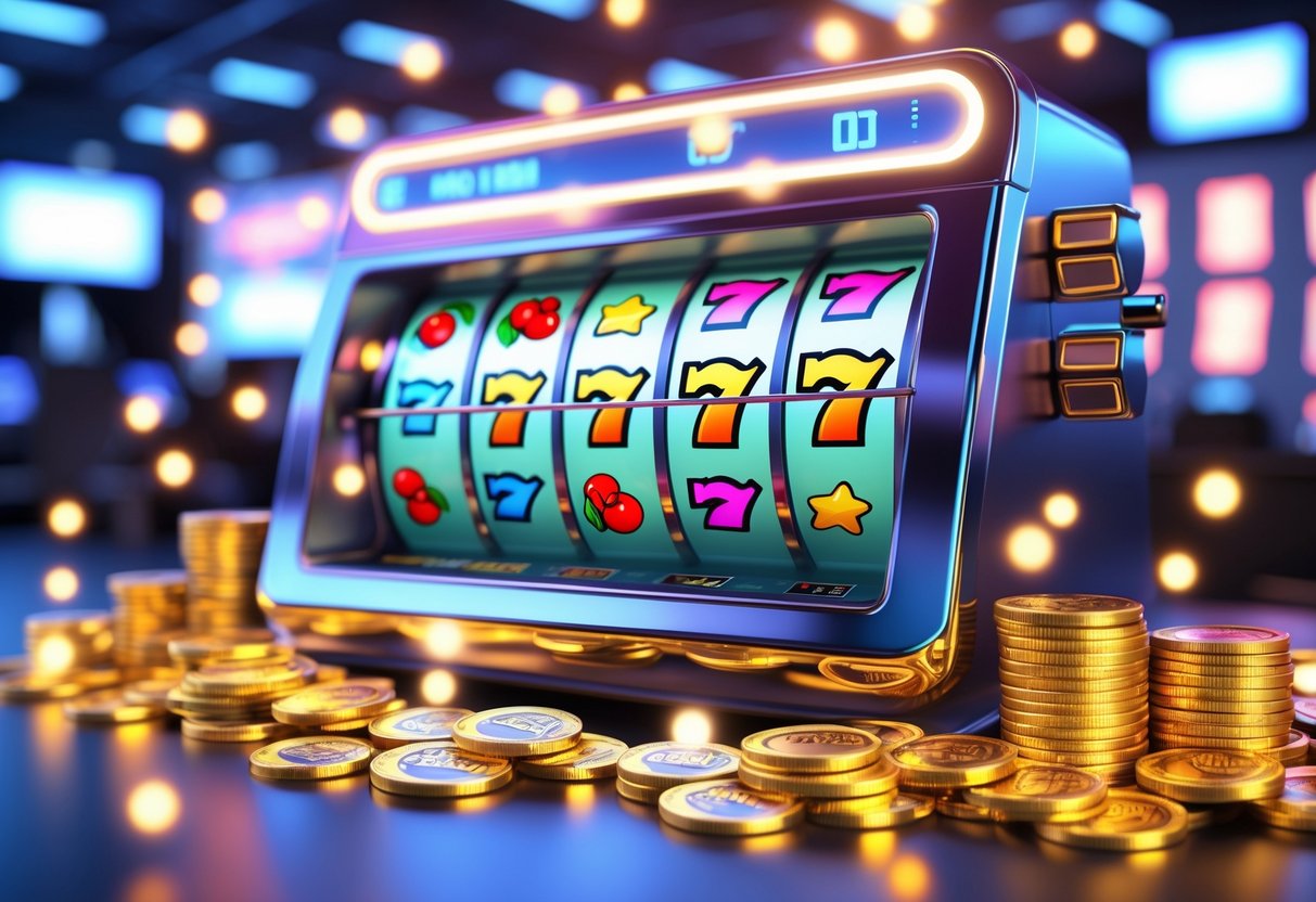 Mesin slot online dengan gulungan berputar dan koin emas berserakan di sekitarnya dalam suasana kasino yang cerah dan ramai.