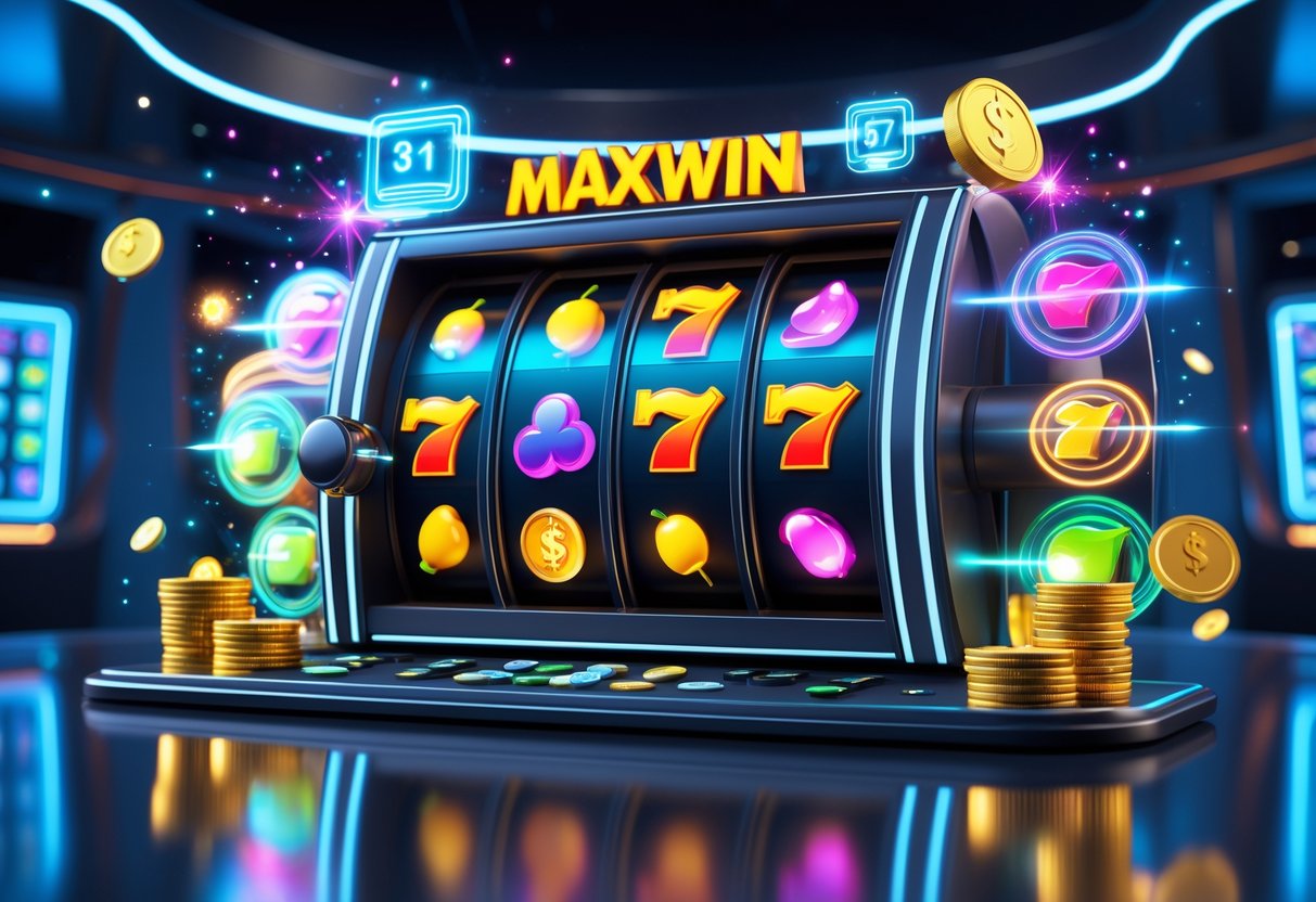 Mesin slot online modern dengan simbol warna-warni dan efek cahaya yang menampilkan suasana kasino digital yang cerah dan penuh energi.