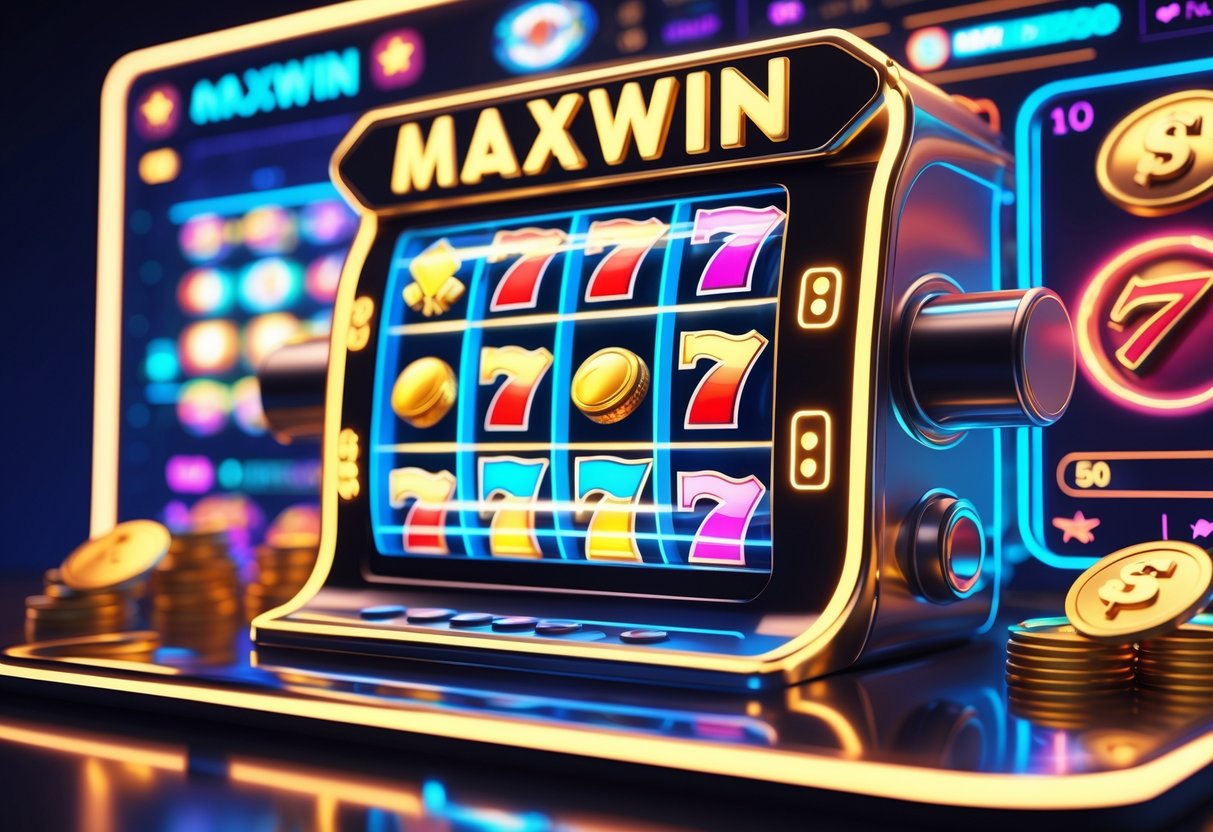 Sebuah mesin slot online berwarna cerah dengan gulungan berputar dan simbol keberuntungan, dikelilingi oleh cahaya neon dan elemen holografik yang menunjukkan suasana permainan slot yang seru dan penuh harapan menang besar.