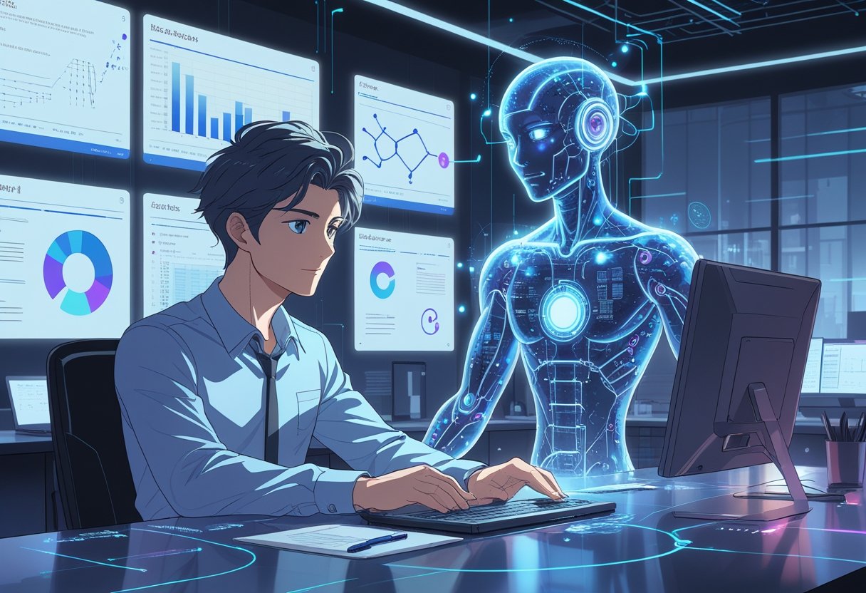 A person in a modern office interacting with a glowing AI assistant hologram surrounded by floating data panels and digital effects.