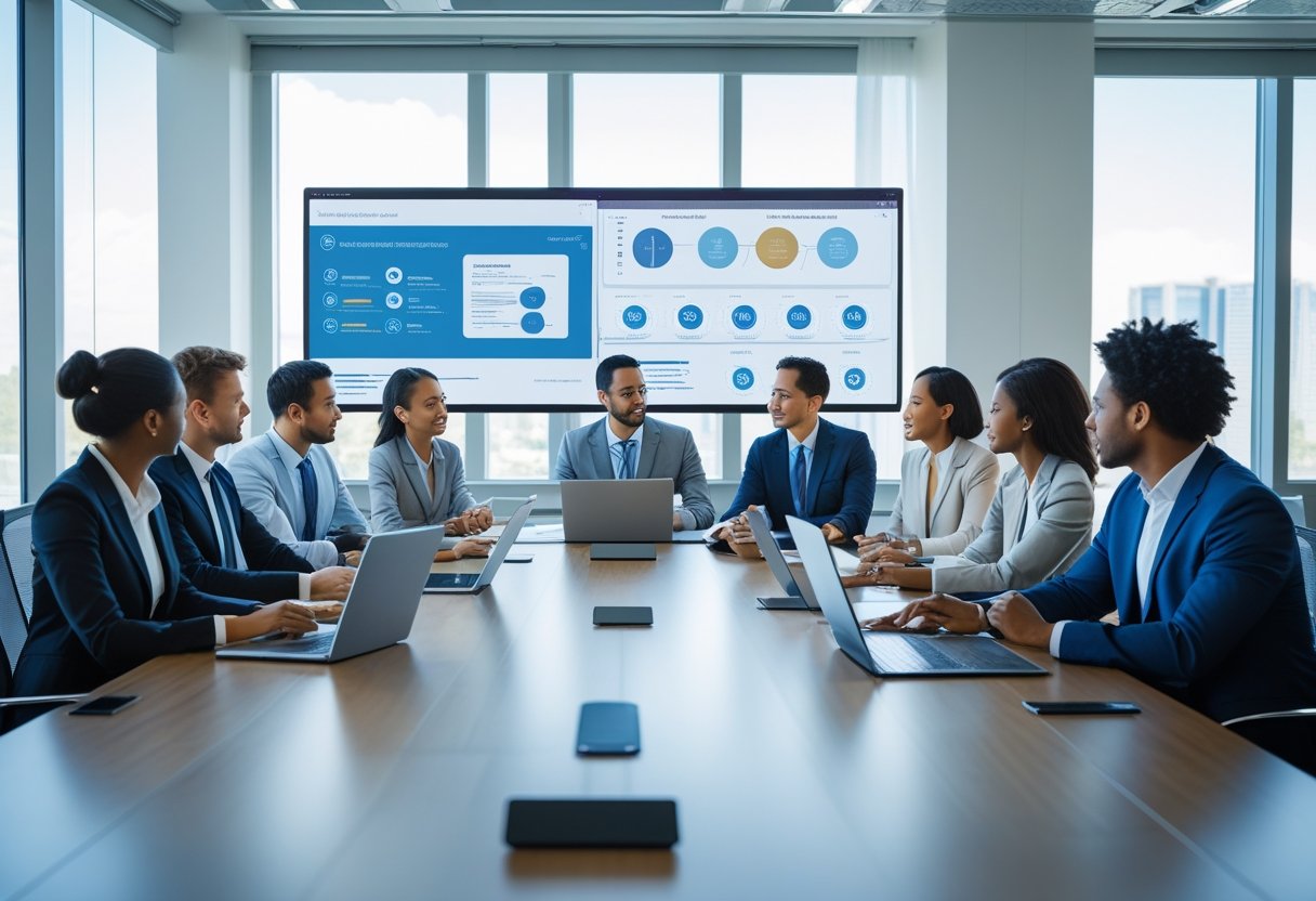 A group of business professionals having a meeting around a conference table with laptops and digital devices in a bright office.