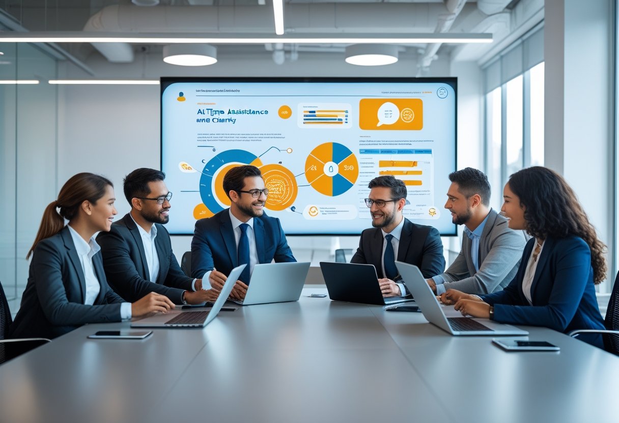 A group of business professionals collaborating around a conference table with digital devices and a large screen showing data visuals in a modern office.