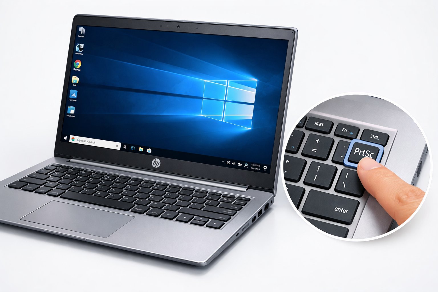 An HP laptop with a hand pressing the Print Screen key on the keyboard.