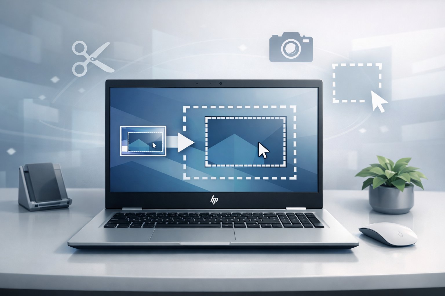A modern HP laptop on a desk with icons representing screen capture tools floating around it.