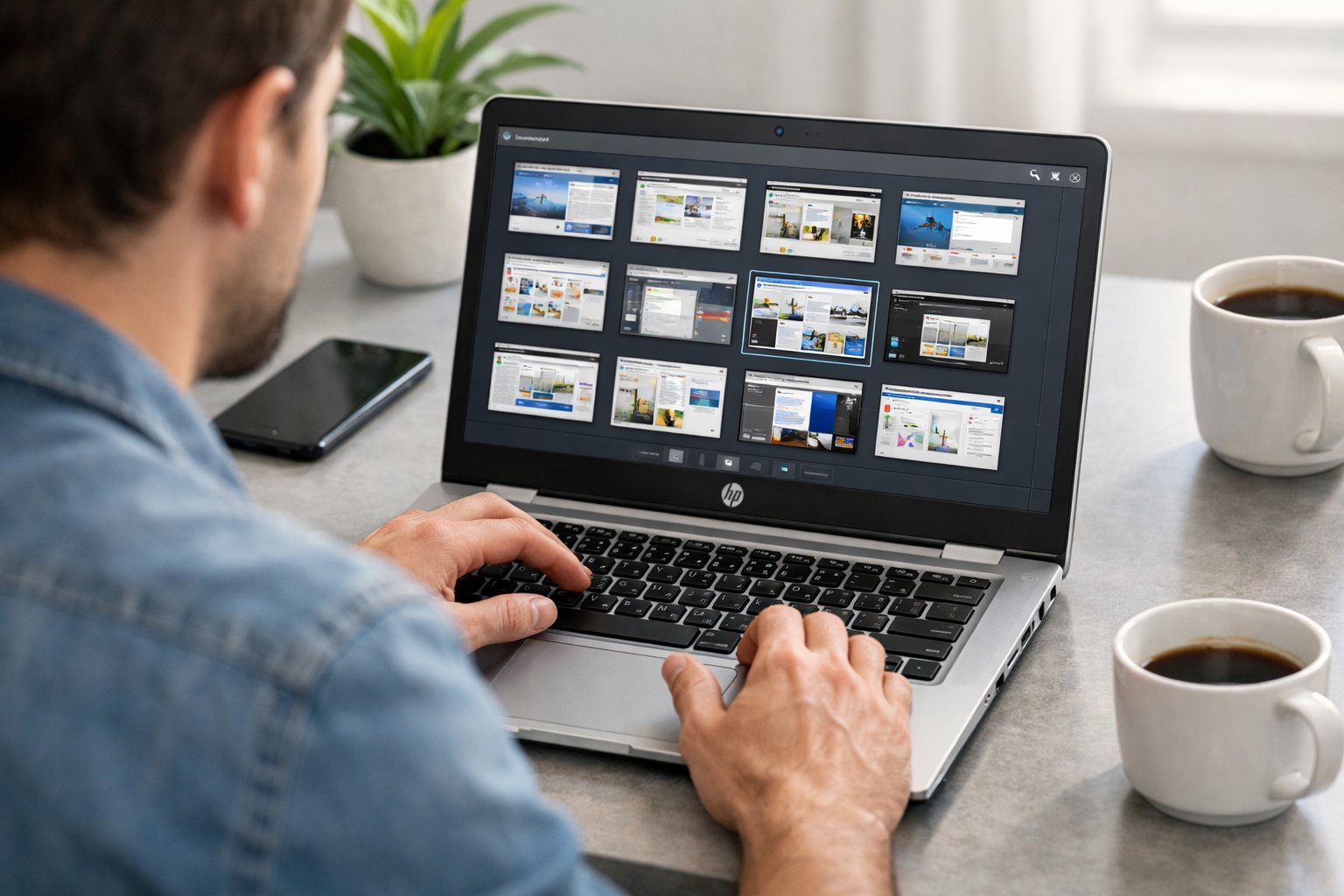 Person at a desk using an HP laptop, organizing and managing multiple screenshots displayed on the laptop screen.