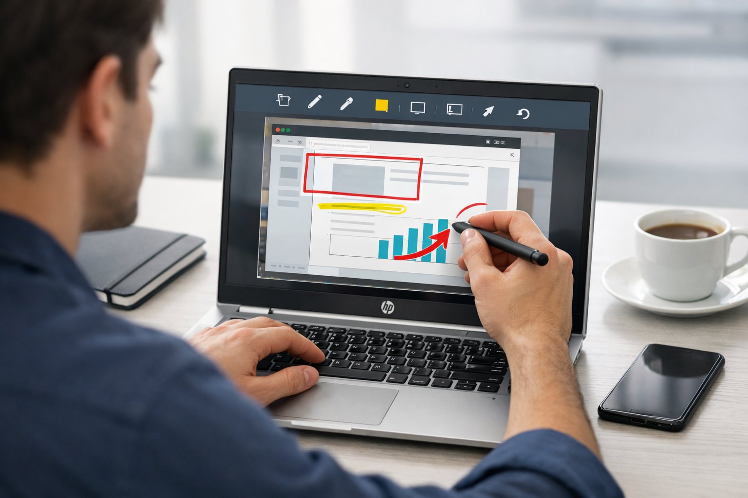 A person using an HP laptop to capture and annotate screenshots in a modern workspace.
