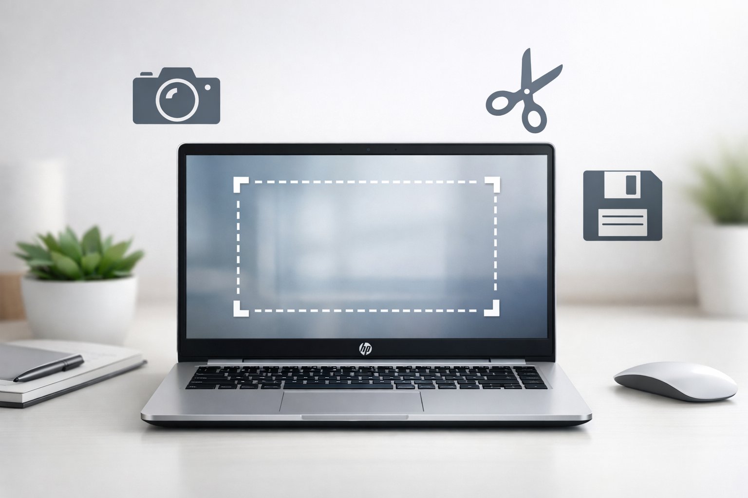 A modern HP laptop on a desk with a highlighted screen area indicating a screen capture in progress, surrounded by icons representing screen capture tools.