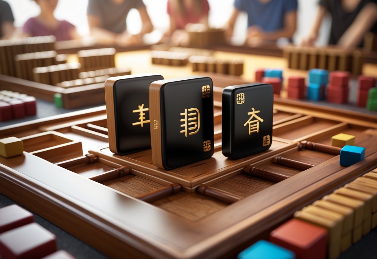 Adegan permainan Mahjong dengan tiga ubin hitam scatter yang menang di atas meja kayu, dikelilingi oleh perlengkapan permainan dan pemain yang sedang bermain.