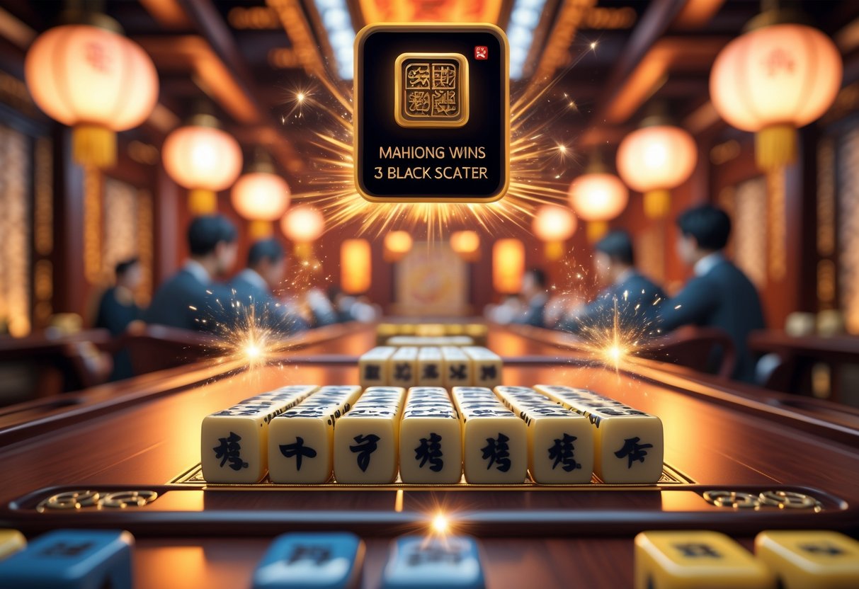Pemandangan meja Mahjong dengan ubin hitam scatter yang menonjol dan efek cahaya yang menyoroti kemenangan dalam suasana ruangan permainan yang hangat.