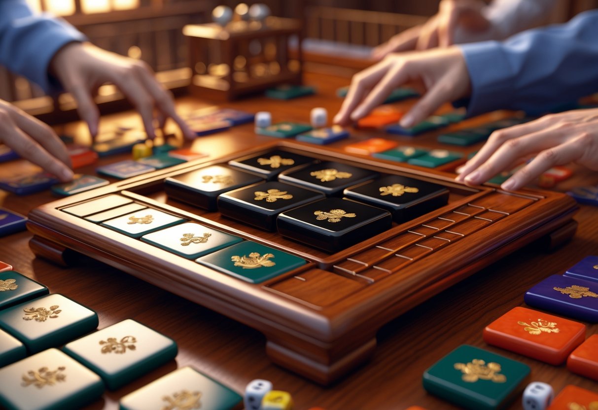 Adegan permainan Mahjong dengan tiga ubin hitam scatter di tengah meja kayu dan tangan pemain yang sedang bermain.