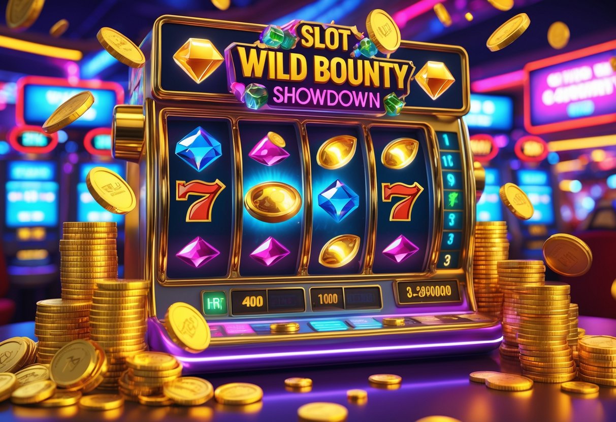 Adegan mesin slot yang berwarna-warni dengan koin emas dan chip kasino di latar belakang kasino yang meriah.