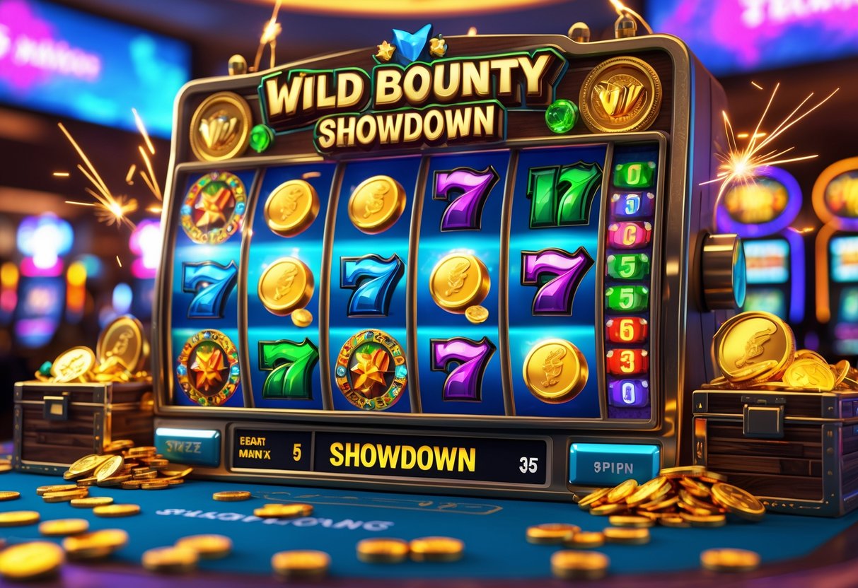 Adegan mesin slot dengan gulungan berputar menampilkan simbol liar dan harta karun di latar kasino yang penuh warna.