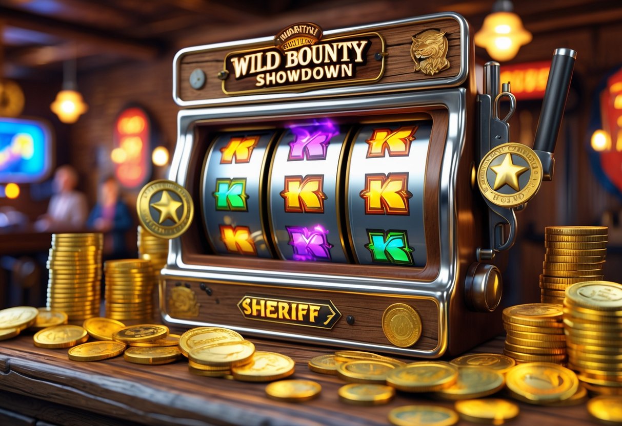 Sebuah mesin slot bertema koboi dengan koin emas dan simbol barat liar di latar belakang saloon.