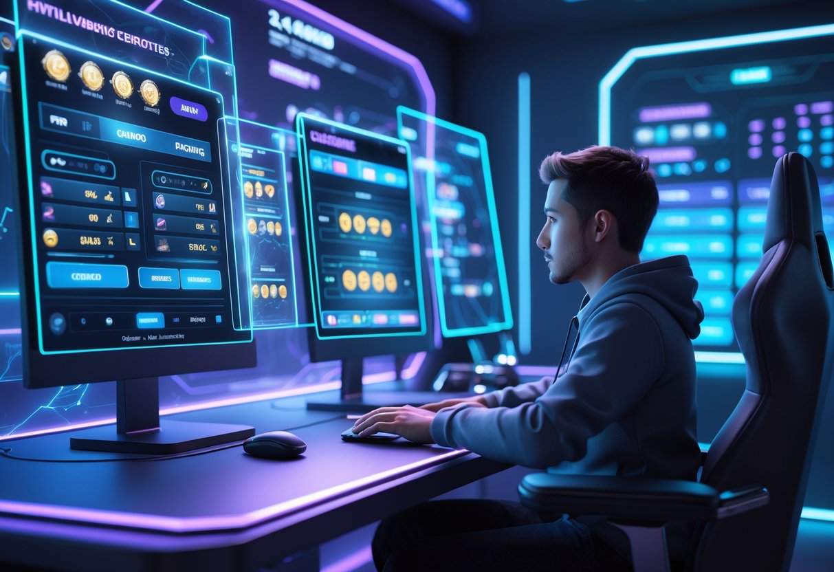 Seorang pemain duduk di depan komputer dengan beberapa layar transparan menampilkan permainan slot dan grafik strategi di ruangan berlampu biru dan ungu.