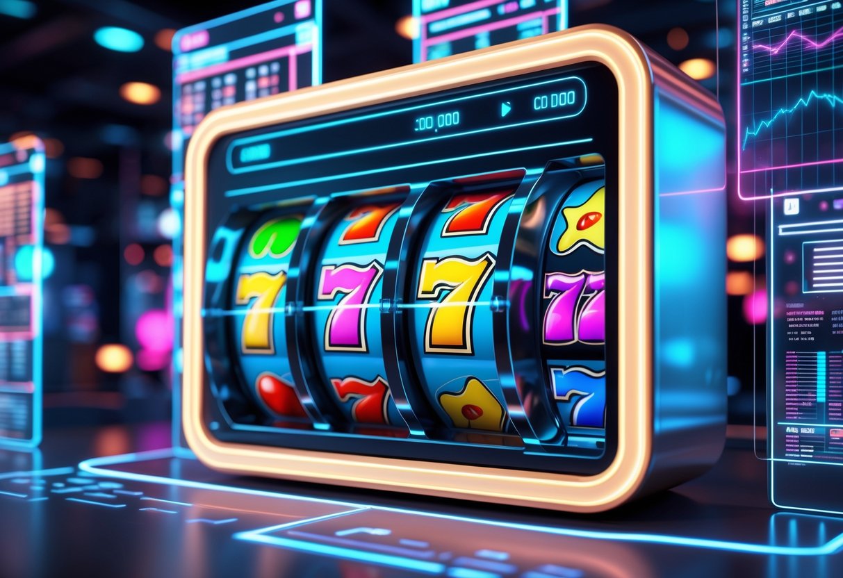 Mesin slot online modern dengan gulungan berwarna-warni dan grafik holografik di latar belakang yang menggambarkan pendekatan terencana dalam bermain.