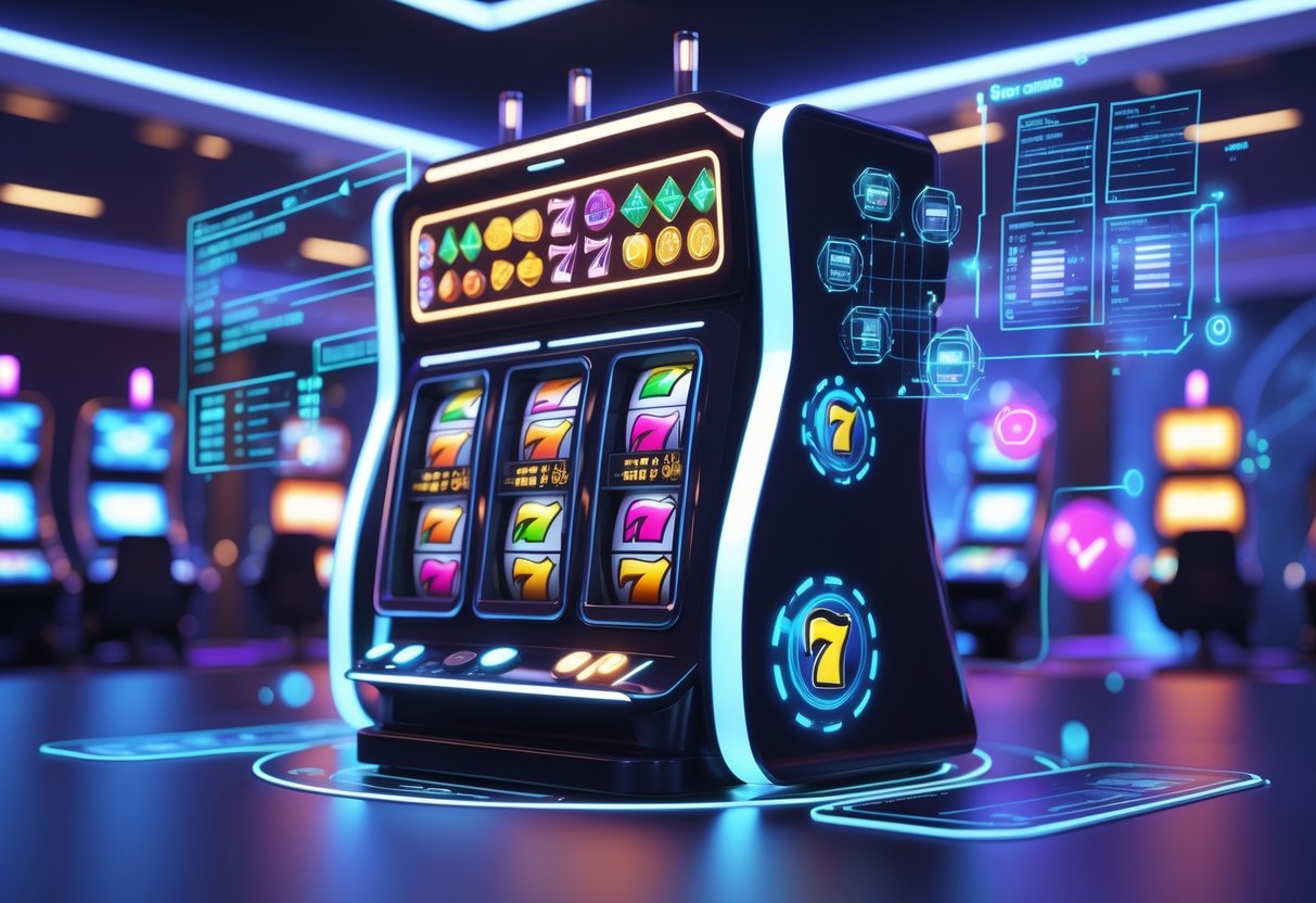 Lingkungan permainan slot online dengan mesin slot digital dan elemen perencanaan seperti grafik dan daftar yang mengambang di udara.