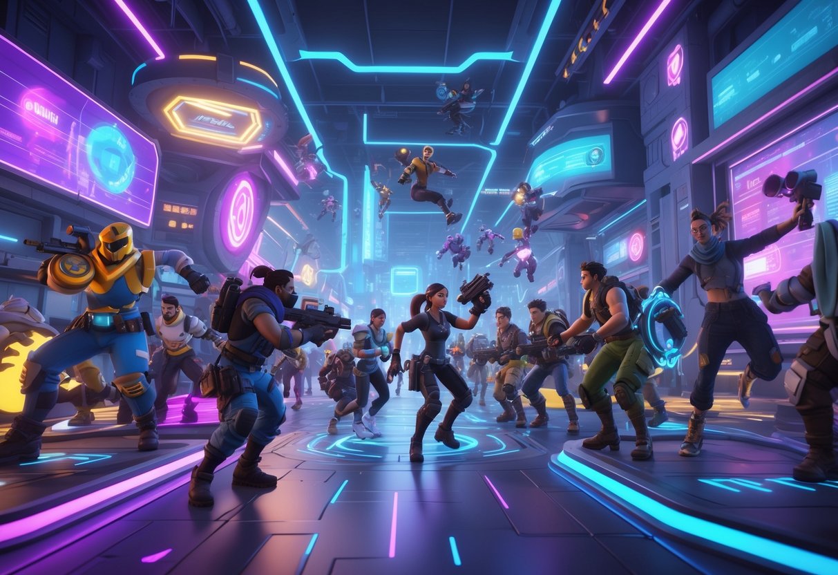 Pemandangan game online dengan karakter beragam yang sedang bermain di kota futuristik penuh cahaya neon dan elemen interaktif.