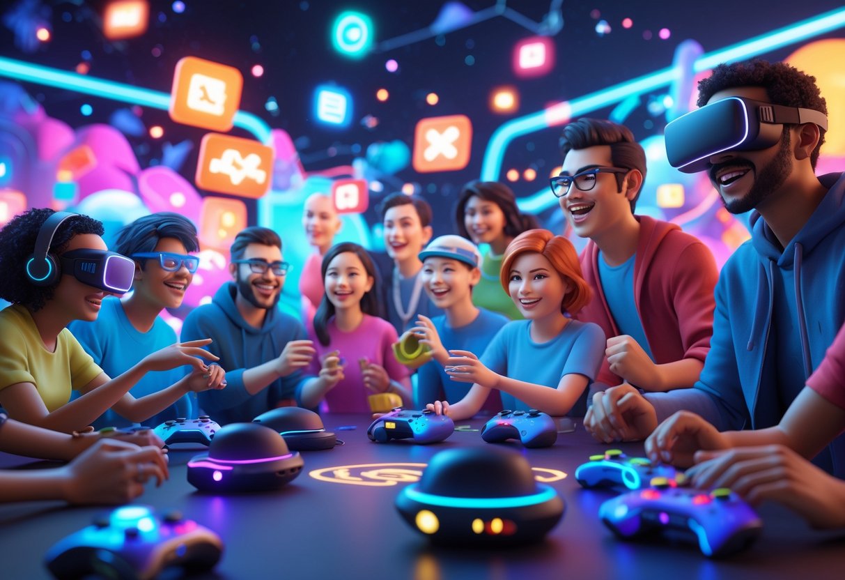 Adegan pemain game online yang beragam sedang bermain dan bersenang-senang di dunia virtual yang penuh warna dan cahaya neon.