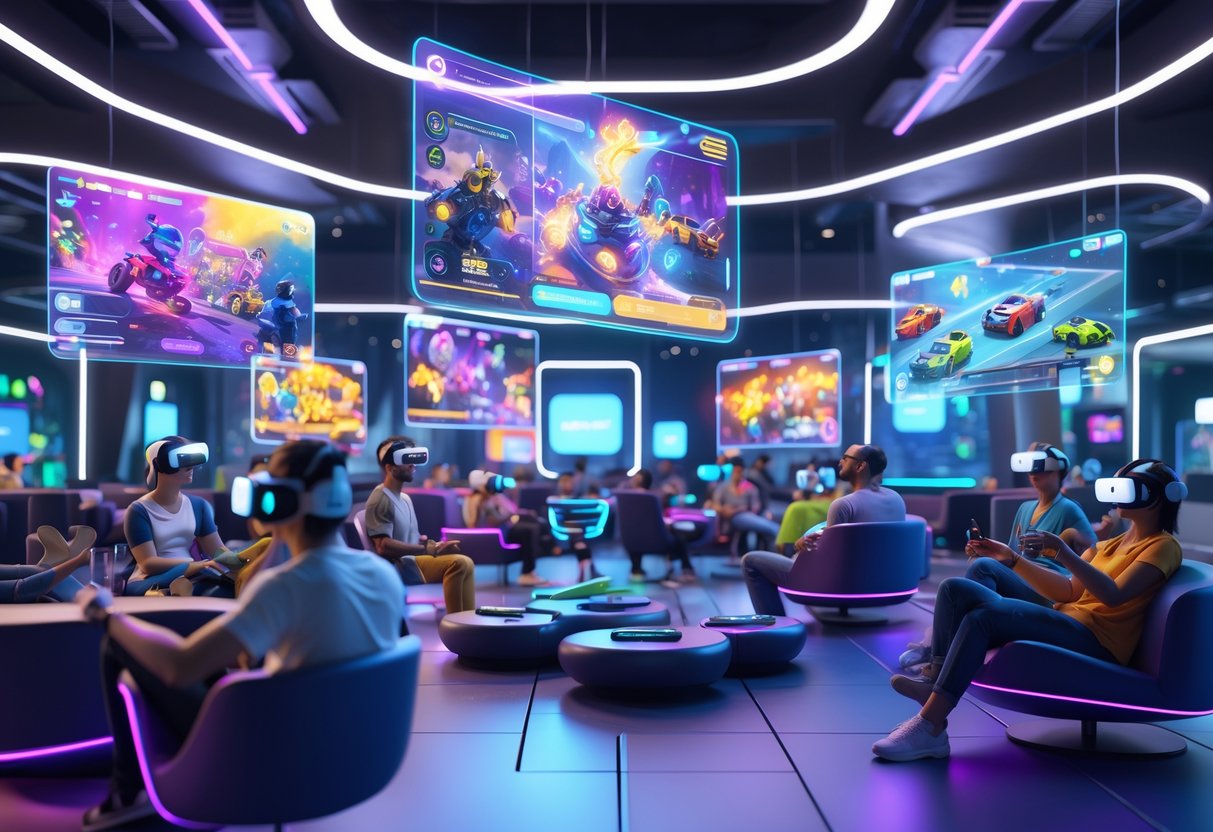 Beberapa orang bermain game online dengan perangkat realitas virtual di sebuah ruang bermain futuristik yang penuh warna dan teknologi canggih.