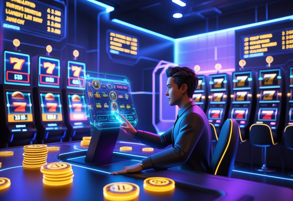 Ruangan kasino virtual dengan mesin slot modern dan seorang pemain berpengalaman berinteraksi dengan antarmuka holografik.