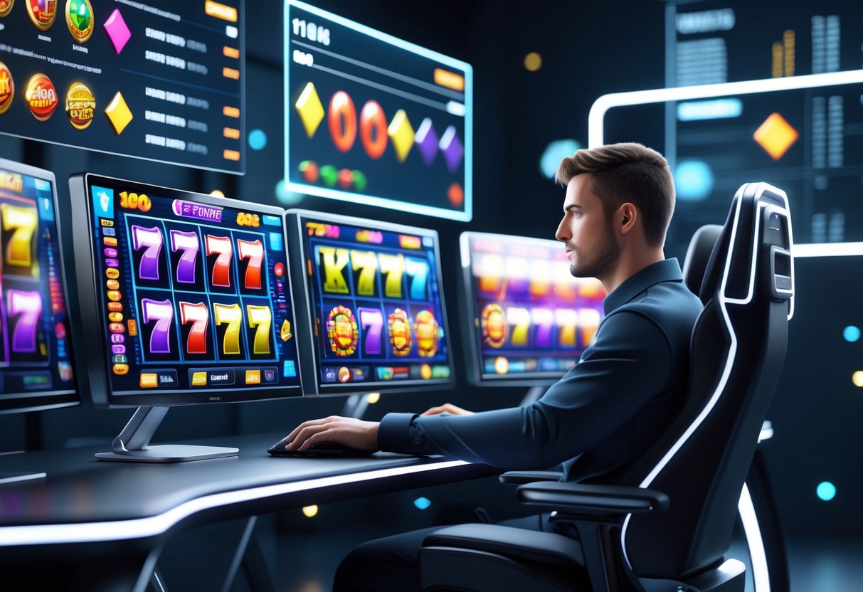 Seorang pemain berpengalaman sedang duduk di depan beberapa layar komputer yang menampilkan permainan slot online dengan simbol warna-warni di sebuah ruangan gaming modern.