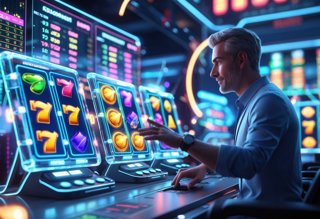 Seorang pemain dewasa fokus bermain mesin slot digital dengan tampilan holografik dan grafik strategi di sekitarnya dalam lingkungan kasino futuristik.