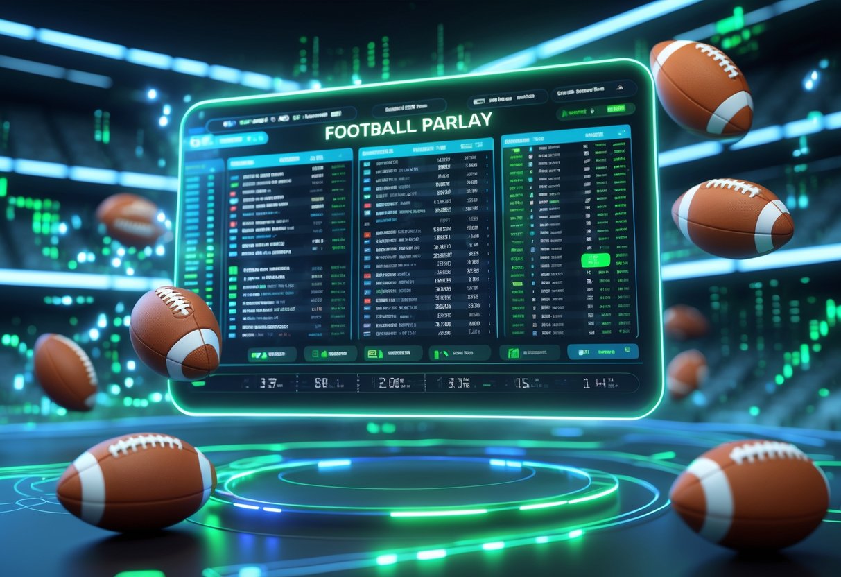 Tampilan 3D dari antarmuka digital yang menampilkan jadwal pertandingan sepak bola dan statistik dengan latar belakang elemen stadion dan bola sepak bola.