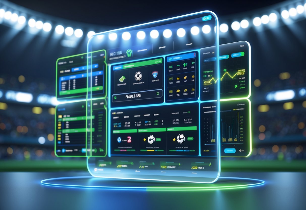 Tampilan antarmuka digital taruhan bola parlay dengan layar transparan menampilkan statistik pertandingan dan skor langsung di latar stadion sepak bola.