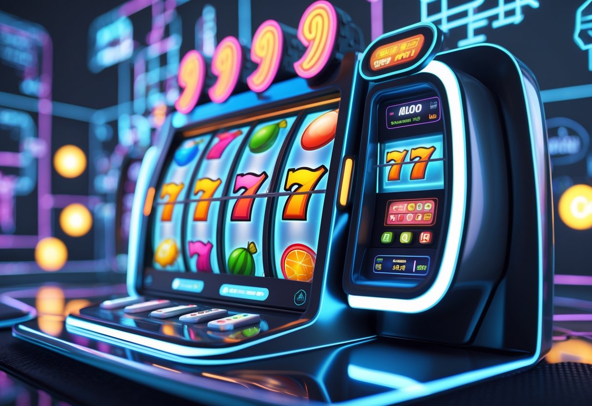 Tampilan mesin slot digital dengan gulungan berwarna-warni dan lingkungan permainan modern yang futuristik.