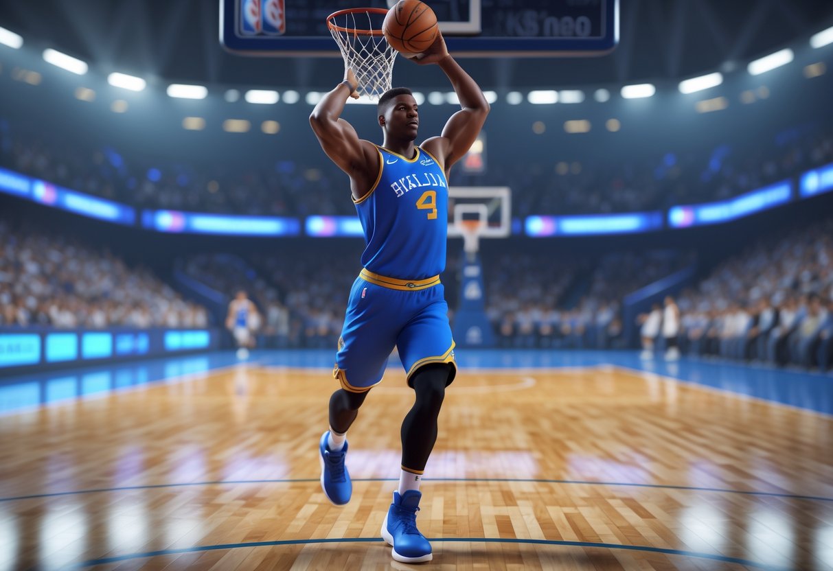 Seorang pemain bola basket profesional sedang melompat untuk melepaskan tembakan di lapangan dalam ruangan dengan penonton di latar belakang.