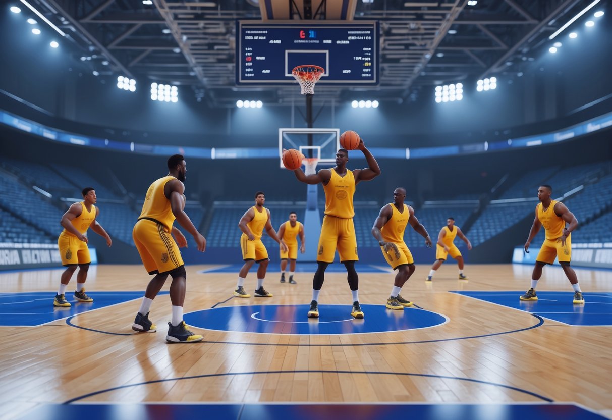 Beberapa pemain bola basket berpengalaman sedang berlatih di lapangan dalam ruangan dengan pencahayaan terang dan lantai kayu yang mengkilap.