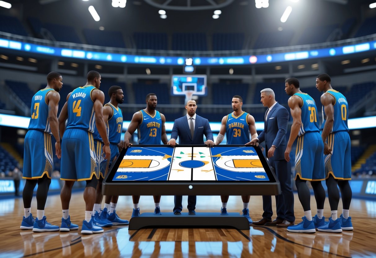 Sekelompok pemain bola basket profesional dan pelatih sedang berdiskusi di sekitar meja digital yang menampilkan strategi permainan di dalam arena olahraga.