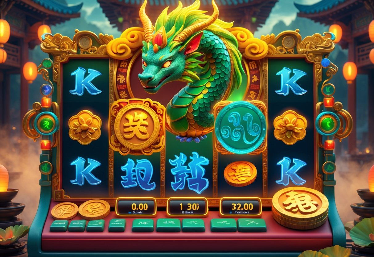 Mesin slot bertema Qilin dengan desain ornamen Asia dan latar belakang kuil mistis yang penuh lampu warna-warni.