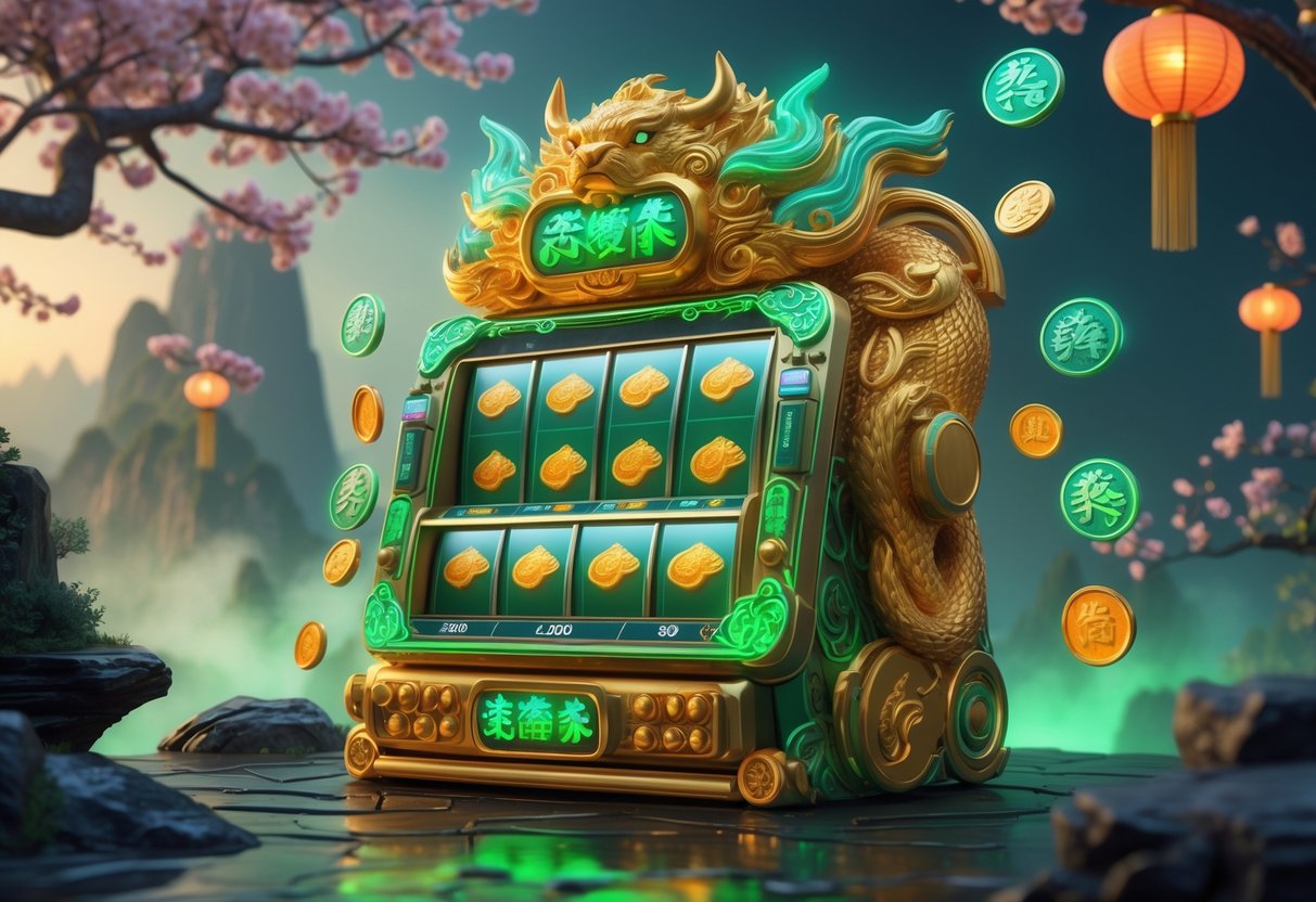 Mesin slot bertema mitos dengan dekorasi qilin dan latar pegunungan berkabut serta pohon bunga sakura.