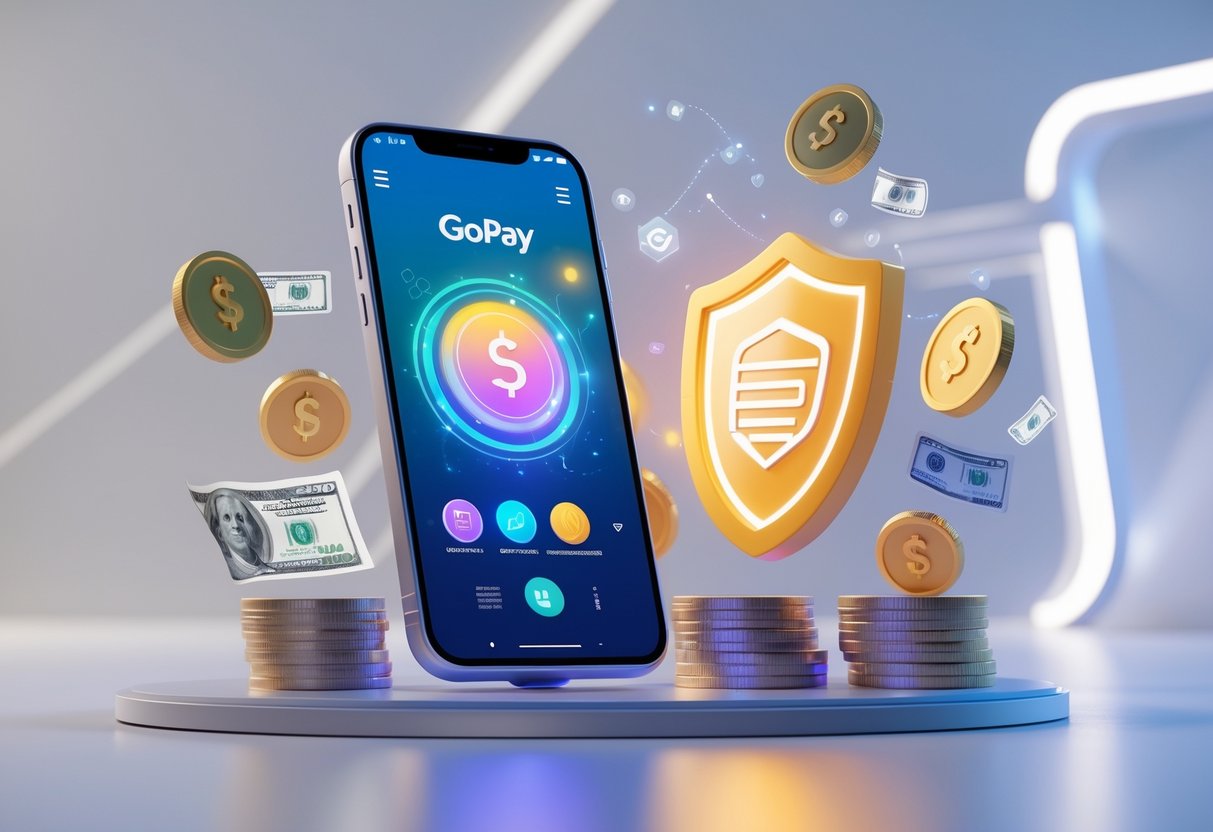 Pemandangan smartphone dengan aplikasi GoPay dan ikon transaksi mengambang yang menggambarkan kemudahan deposit online.