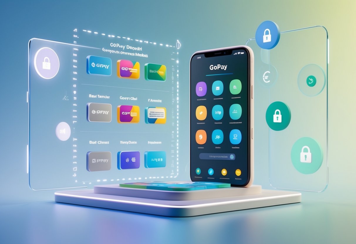 Tampilan 3D dari antarmuka digital yang menampilkan berbagai metode deposit GoPay dengan ikon pembayaran yang berbeda di sekitar ponsel pintar.