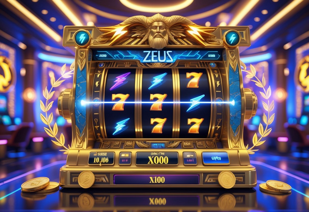 Mesin slot bertema Zeus dengan dekorasi emas dan simbol petir di ruangan kasino yang mewah.